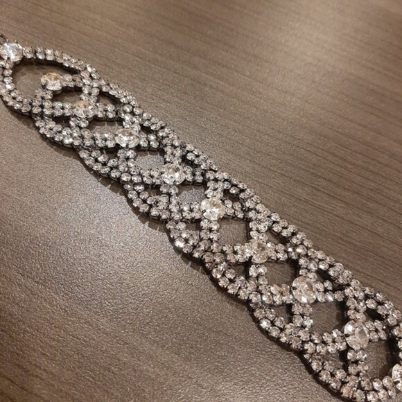 Braided Faux Diamond Bracelet Rhinestone Formal Wedding Woven Chunky Gunmetal - Picture 5 of 12